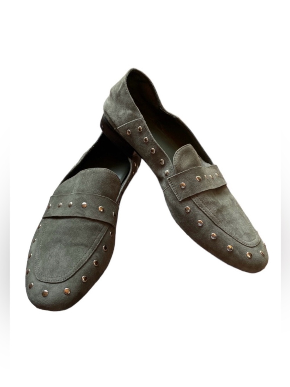Black Suede Studio Olive Green Studded 9 Edgy Earthy Preppy Chic Modern Loafers